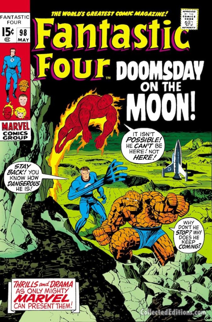 Fantastic Four #98 cover; pencils, Jack Kirby; inks, Joe Sinnott; Doomsday on the Moon, FF Pogo Plane, moon landing, Reed Richards, Thing, Human Torch