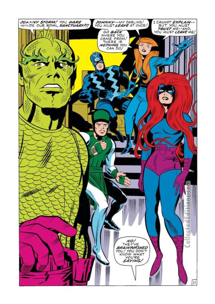 Fantastic Four #99, pg. 11; pencils, Jack Kirby; inks, Joe Sinnott; Inhumans, Medusa, Black Bolt, Triton, Karnak; Crystal, splash page