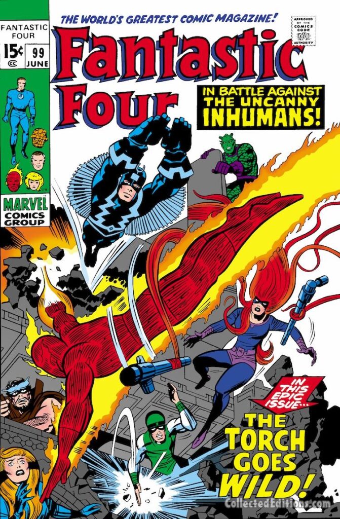 Fantastic Four #99 cover; pencils, Jack Kirby; inks, John Verpoorten; In Battle Against the Uncanny Inhumans, Black Bolt, Triton, Medusa, Karnak, Gorgon, Crystal, Human Torch, The Torch Goes Wild