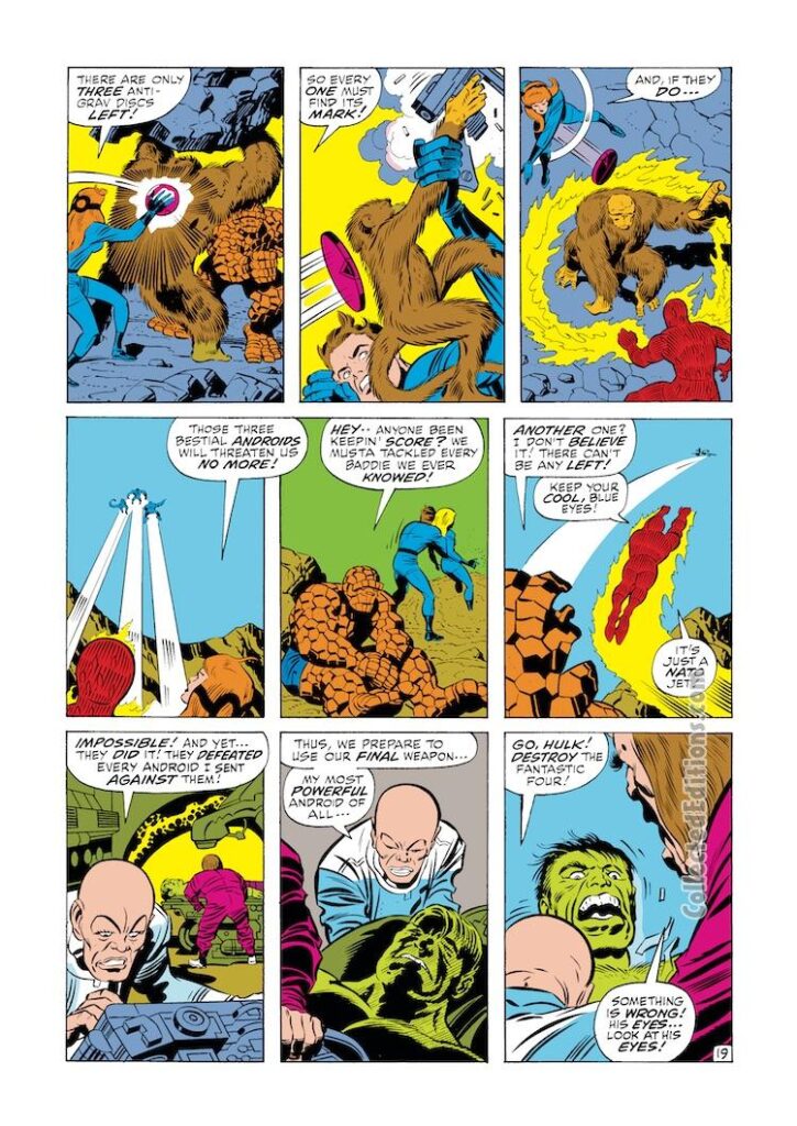 Fantastic Four #100, pg. 19; pencils, Jack Kirby; inks, Joe Sinnott; Red Ghost, Awesome Apes, Anti-Gravity discs, Reed Richards, Incredible Hulk, Puppetmaster, Mad Thinker