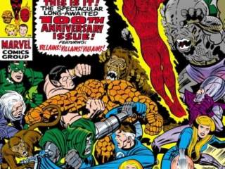Fantastic Four #100 cover; pencils, Jack Kirby; inks, Joe Sinnott; 100th Anniversary Issue, Sandman, Sub-Mariner, Red Ghost, Super-Apes, Incredible Hulk, Puppetmaster, Dragon Man, Mad Thinker, Human Torch, Doctor Doom