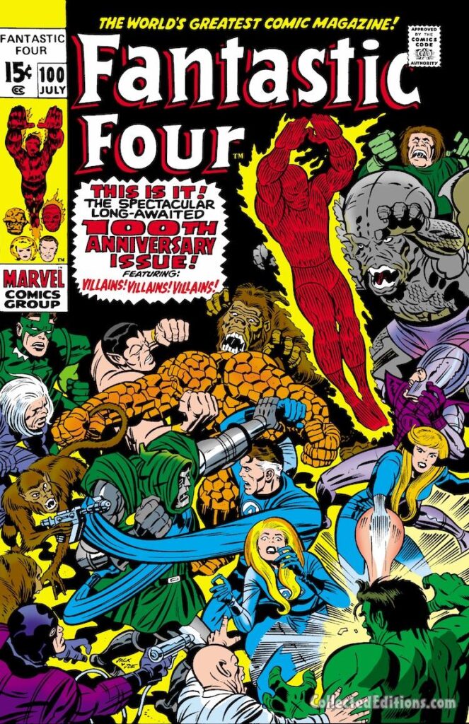 Fantastic Four #100 cover; pencils, Jack Kirby; inks, Joe Sinnott; 100th Anniversary Issue, Sandman, Sub-Mariner, Red Ghost, Super-Apes, Incredible Hulk, Puppetmaster, Dragon Man, Mad Thinker, Human Torch, Doctor Doom