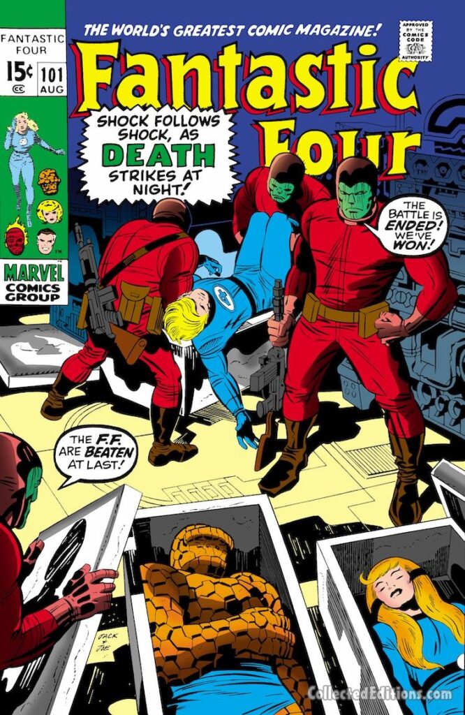 Fantastic Four #101 cover; pencils, Jack Kirby; inks, Joe Sinnott; The FF Are Beaten At Last; Thing, Crystal in coffins; Shock Follows Shock as Death Strikes at Night