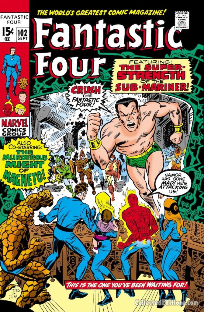 Fantastic Four #102 cover; pencils, John Romita Sr.; inks, John Verpoorten; The Super-Strength of the Sub-Mariner, Namor, The Might of Magneto