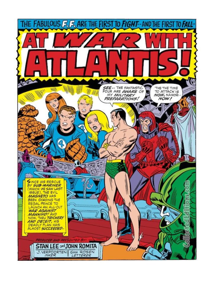 Fantastic Four #103, pg. 1; pencils, Jack Kirby; inks, Joe Sinnott; At War With Atlantis, Sub-Mariner, Magneto, FF, splash page, John Romita Sr. first FF issue, Stan Lee