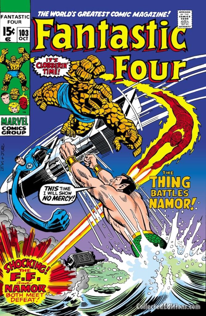 Fantastic Four #103 cover; pencils, John Romita Sr.; inks, John Verpoorten; The Thing Battles Namor, It&#039;s Clobberin&#039; Time