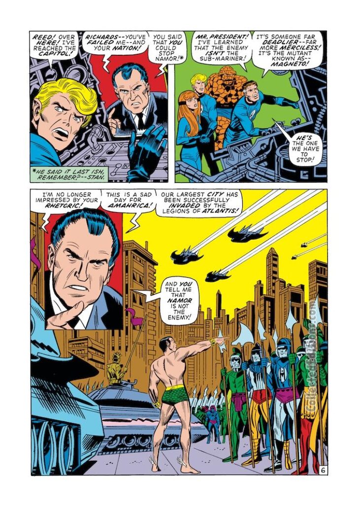 Fantastic Four #104, pg. 6; pencils, Jack Kirby; inks, Joe Sinnott; Johnny Storm/Human Torch, President Richard Nixon, US presidents in Marvel Comics, FF, Sub-Mariner, Atlantis Attacks, Magneto