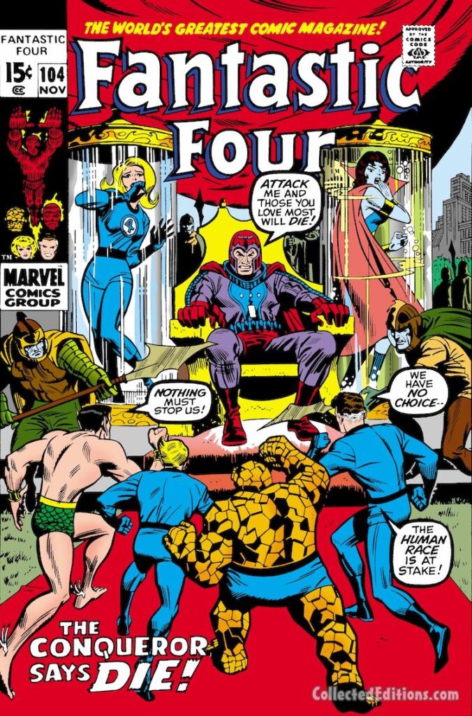 Fantastic Four #104 cover; pencils, John Romita Sr.; inks, John Verpoorten; Lady Dorma, Susan Storm, The Conqueror Says Die, Thing, Atlantis, Magneto