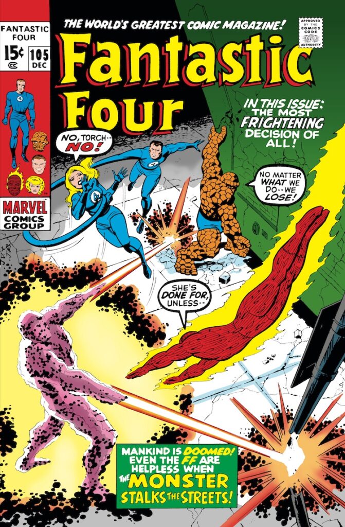 Fantastic Four #105 cover; pencils, John Romita Sr.; inks, John Verpoorten; The Monster Walks the Streets, Sue Storm, Human Torch