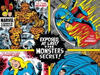 Fantastic Four #106 cover; pencils, John Romita Sr.; inks, Joe Sinnott; Exposed at Last! The Monster's Secrets! The Thing Helpless! The Invisible Girl Powerless! The Torch Doomed! Mr. Fantastic Their Only Hope!