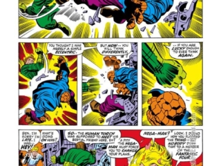 Fantastic Four #108, pg. 5; pencils, Jack Kirby; inks, Joe Sinnott; Human Torch, Johnny Storm Flame On, Nega-Man, Thing/Ben Grimm