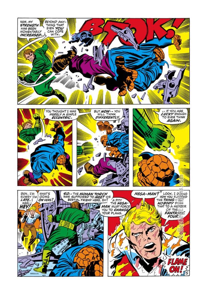 Fantastic Four #108, pg. 5; pencils, Jack Kirby; inks, Joe Sinnott; Human Torch, Johnny Storm Flame On, Nega-Man, Thing/Ben Grimm