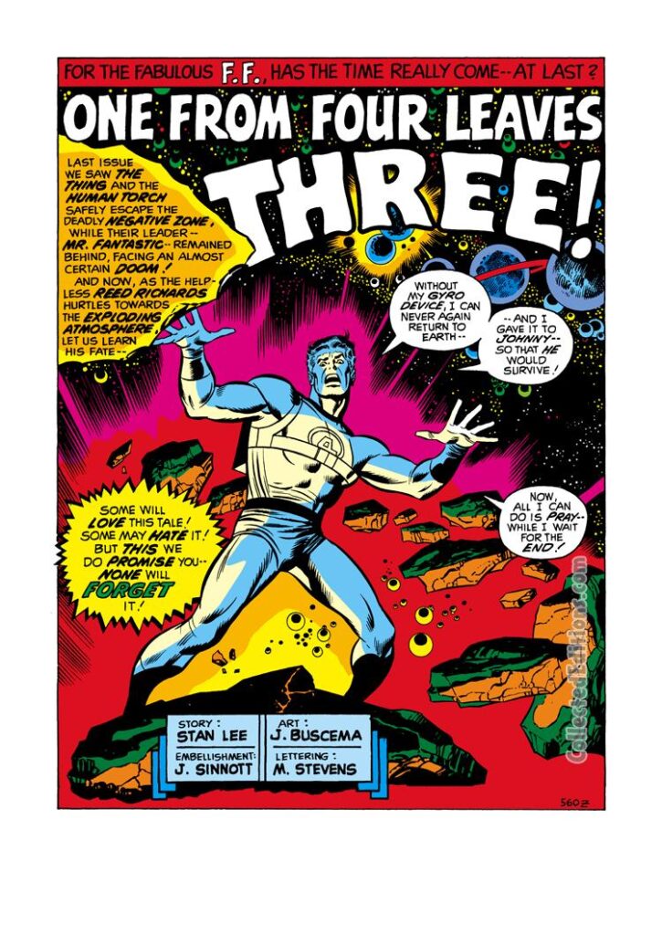 Fantastic Four #110, pg. 1; pencils, John Buscema; inks, Joe Sinnott; Stan Lee, Reed Richards, Mr. Fantastic, Negative Zone asteroid, One From Four Leaves Three splash page