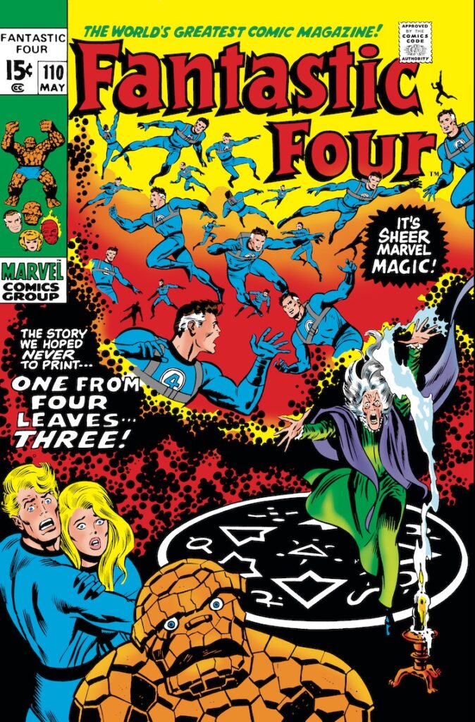Fantastic Four #110 cover; pencils, John Buscema; inks, Joe Sinnott; One From Four Leaves Three; Agatha Harkness, sorceress