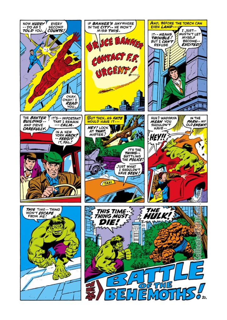 Fantastic Four #111, pg. 20; pencils, John Buscema; inks, Joe Sinnott; Hulk/Bruce Banner, Battle of the Behemoths, Thing, Human Torch