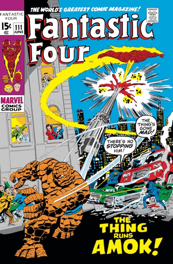 Fantastic Four #111 cover; pencils, John Buscema; inks, John Verpoorten; The Thing Runs Amok; New York City; Manhattan