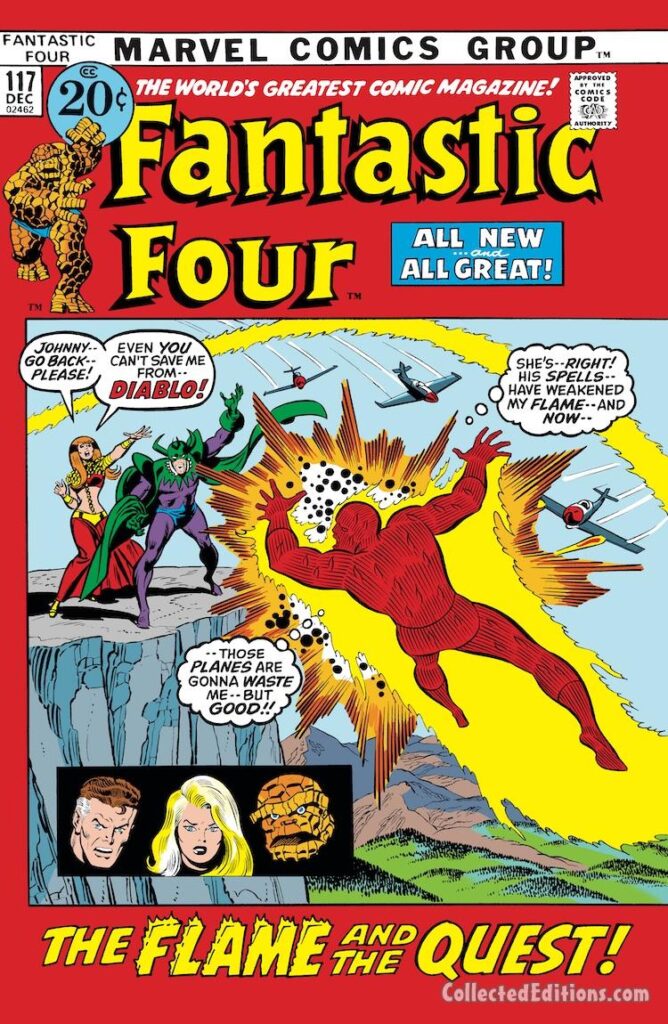 Fantastic Four #117 cover; pencils, John Buscema; inks, Joe Sinnott; The Flame and the Quest, Diablo, Crystal, Johnny Storm/Human Torch