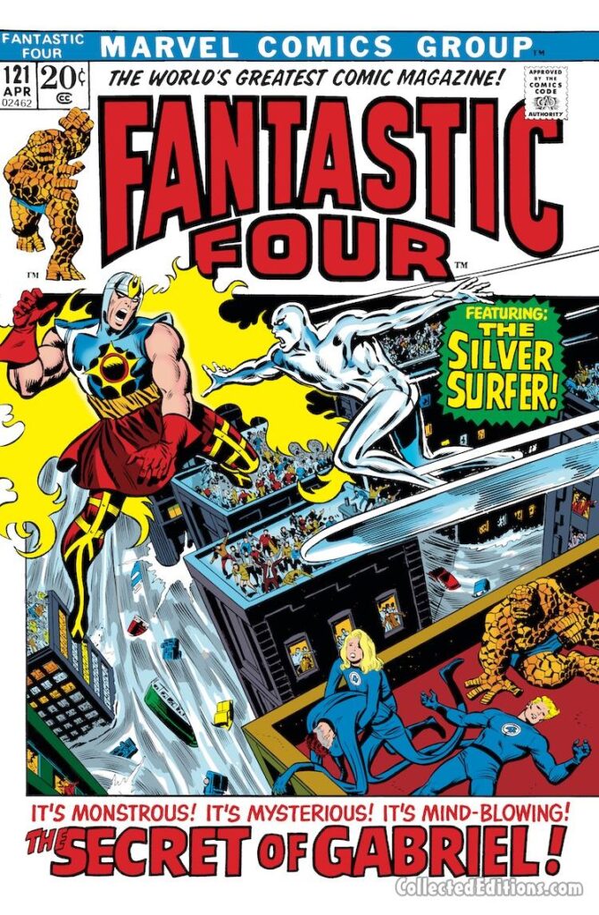 Fantastic Four #121 cover; pencils, John Buscema; inks, Joe Sinnott; Gabriel Air-Walker vs. Silver Surfer, The Secret of Gabriel