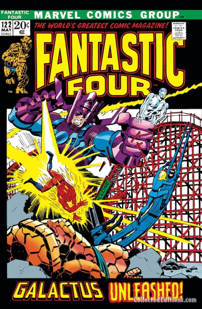 Fantastic Four #122 cover; pencils, John Buscema; inks, John Romita Sr.; Galactus Unleashed, Thing, Silver Surfer, roller coaster, Coney Island Cyclone, Marvel Comics