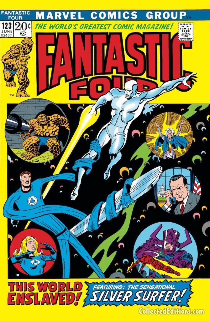 Fantastic Four #123 cover; pencils and inks, Sal Buscema; This World Enslaved, Richard Nixon, Agatha Harkness, Galactus, Silver Surfer