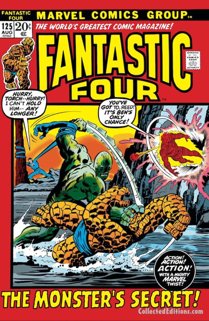 Fantastic Four #125 cover; pencils, John Buscema; inks, Joe Sinnott; The Monster&#039;s Secret, Thing, Human Torch/Johnny Storm