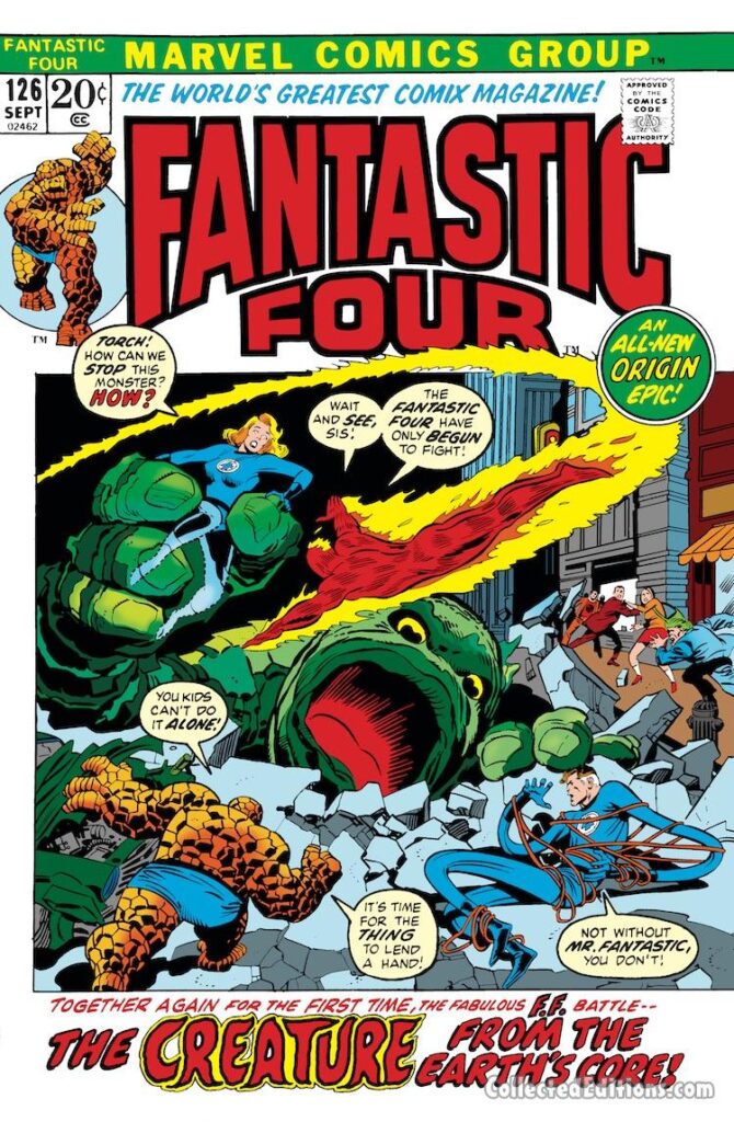 Fantastic Four #126 cover; pencils, John Buscema; inks, Joe Sinnott; The Creature from the Earth&#039;s Core, FF #1 homage