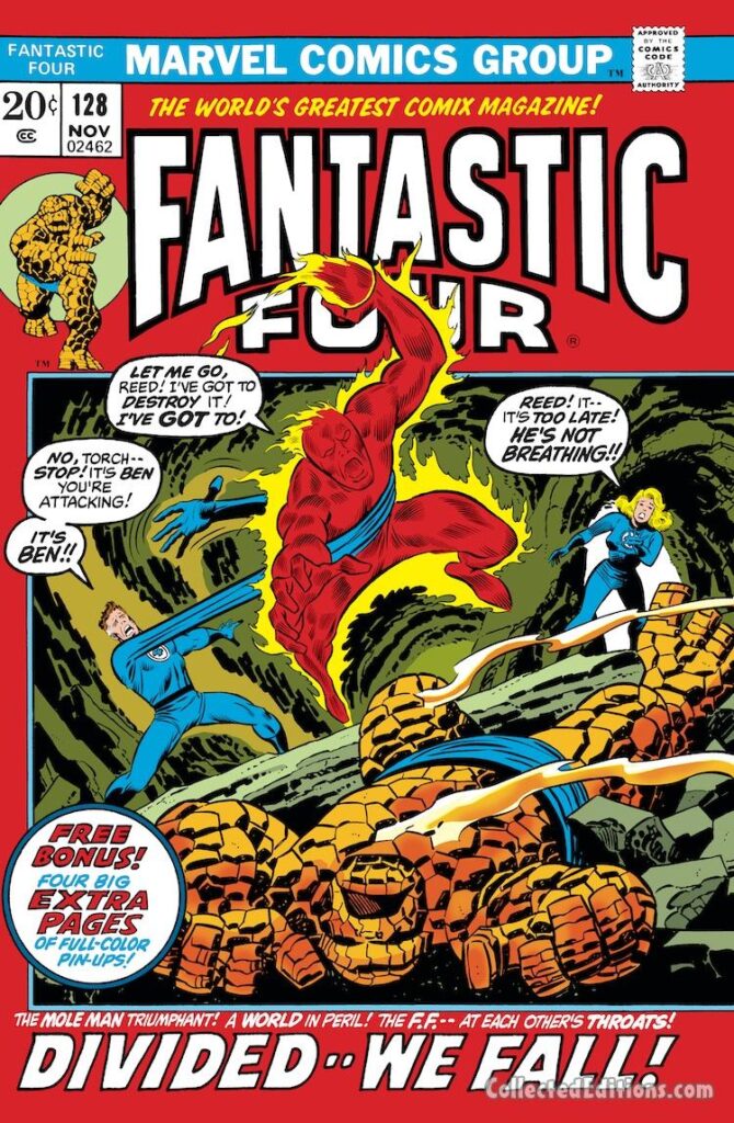 Fantastic Four #128 cover; pencils, John Buscema; inks, Joe Sinnott; Divided We Fall, Thing vs. Human Torch