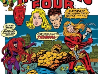 Fantastic Four #129 cover; pencils, John Buscema; inks, Frank Giacoia; The Human Torch Quits the FF, Medusa, Thundra, the Frightful Four