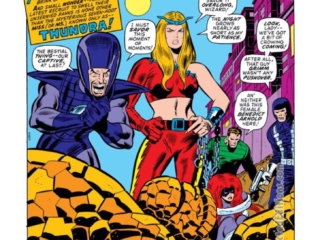 Fantastic Four #130, pg. 1; pencils, John Buscema; inks, Joe Sinnott; Battleground the Baxter Building, Thundra joins the Frightful Four, splash page, Roy Thomas, Wizard, Trapster, Sandman, Medusa, Thing/Ben Grimm