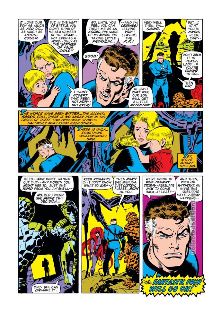 Fantastic Four #130, pg. 20; pencils, John Buscema; inks, Joe Sinnott; Reed Richards, Susan Storm, divorce, marriage, Franklin Richards, Invisible Girl leaves Fantastic Four