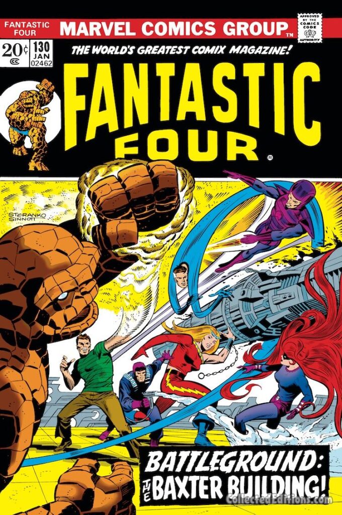 Fantastic Four #130 cover; pencils, Jim Steranko; inks, Joe Sinnott; Battleground The Baxter Building, Thing, Thundra, Frightful Four, Wizard