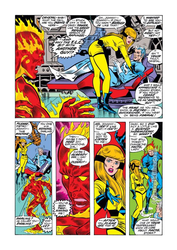 Fantastic Four #131, pg. 2; pencils, Ross Andru; inks, Joe Sinnott; Crystal, Quicksilver romance, Human Torch/Johnny Storm, love triangle