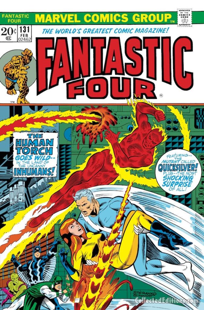 Fantastic Four #131 cover; pencils, Jim Steranko; inks, Joe Sinnott; Human Torch Goes Wild, Quicksilver, Crystal