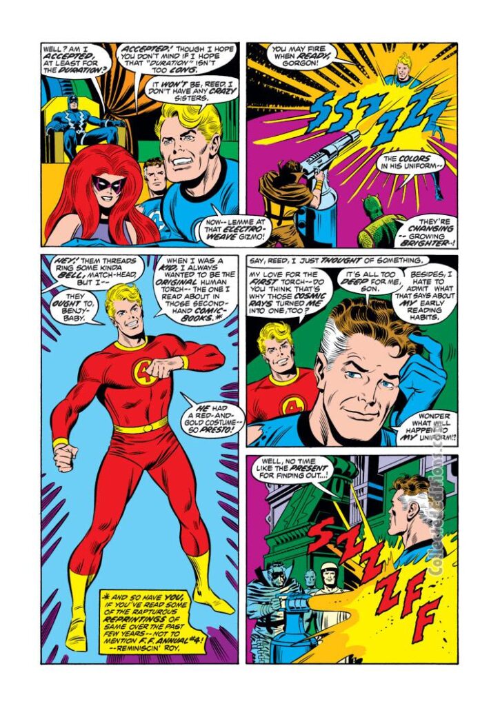 Fantastic Four #132, pg. 17; pencils, John Buscema; inks, Joe Sinnott; Human Torch/Johnny Storm, new red FF costume uniform