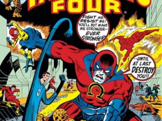 Fantastic Four #132 cover; pencils, Jim Steranko; inks, Frank Giacoia; Omega the Ultimate Assassin, Crystal, Human Torch, Thing