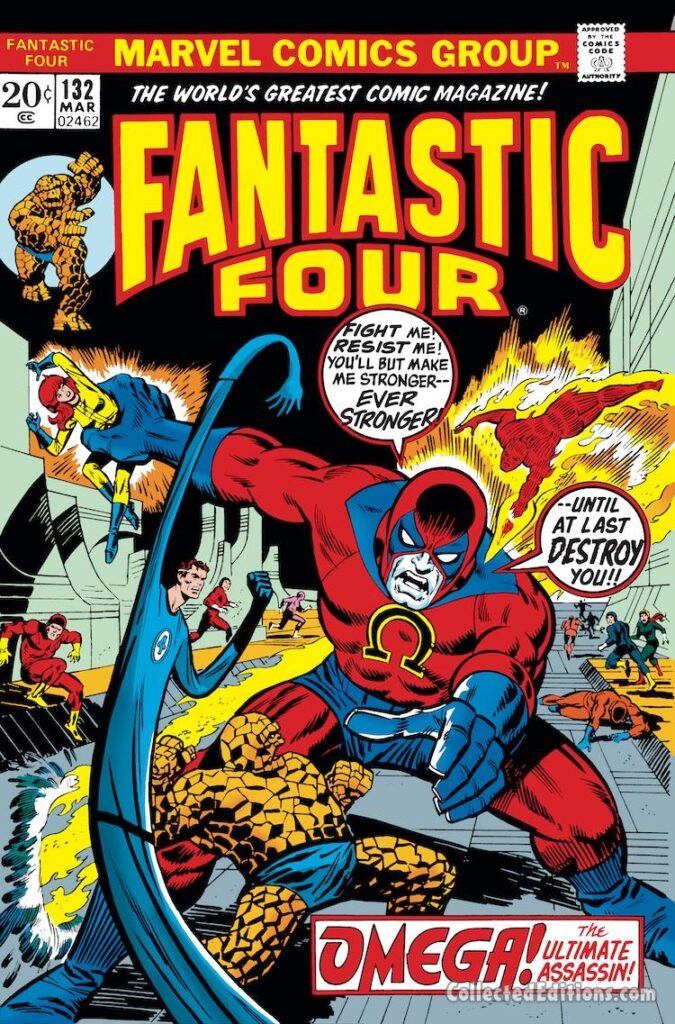 Fantastic Four #132 cover; pencils, Jim Steranko; inks, Frank Giacoia; Omega the Ultimate Assassin, Crystal, Human Torch, Thing