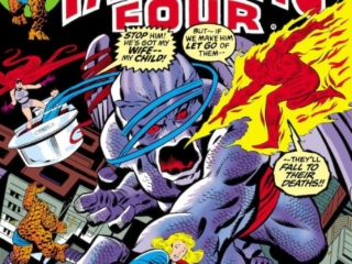 Fantastic Four #134 cover; pencils, John Buscema; inks, Joe Sinnott; The Dragon Man Stalks the Skies, Human Torch, Fantasticar