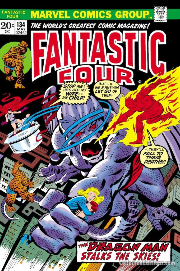 Fantastic Four #134 cover; pencils, John Buscema; inks, Joe Sinnott; The Dragon Man Stalks the Skies, Human Torch, Fantasticar