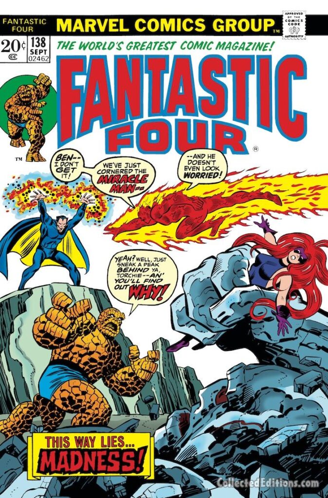 Fantastic Four #138 cover; pencils, John Buscema; inks, Joe Sinnott; Miracle Man; This Way Lies Madness