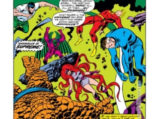 Fantastic Four #141, pg. 1; layouts, John Buscema; pencils and inks, Joe SinnottFantastic Four #141, pg. 1; layouts, John Buscema; pencils and inks, Joe Sinnott; The End of the FF, splash page, Annihilus, Gerry Conway, Wyatt Wingfoot