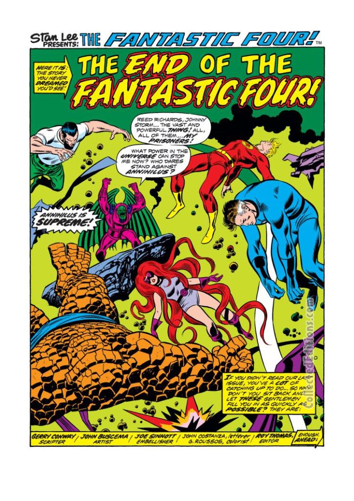 Fantastic Four #141, pg. 1; layouts, John Buscema; pencils and inks, Joe SinnottFantastic Four #141, pg. 1; layouts, John Buscema; pencils and inks, Joe Sinnott; The End of the FF, splash page, Annihilus, Gerry Conway, Wyatt Wingfoot