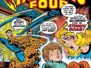 Fantastic Four #141 cover; pencils and inks, John Romita Sr.; Little Franklin Richards Is Glowing Like an Atomic Bomb; The End of the Fantastic Four; Reed Richards/Mr. Fantastic, Susan Storm/Invisible Girl