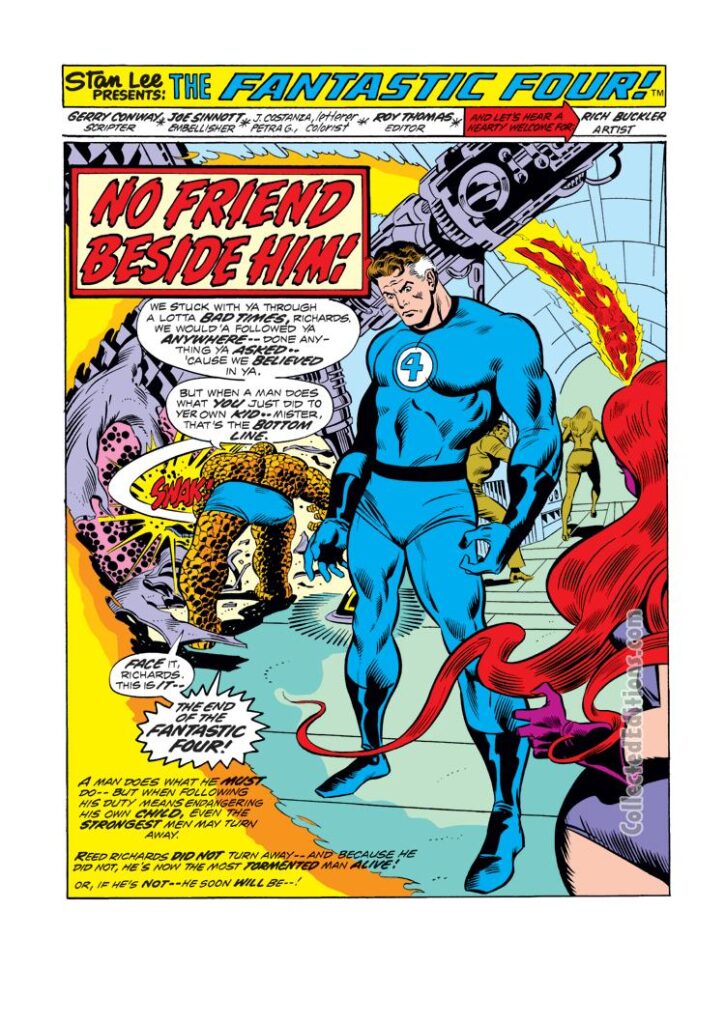 Fantastic Four #142, pg. 1; pencils, Rich Buckler; inks, Joe Sinnott; Gerry Conway, splash page, No Friend Beside Him; Reed Richards, Mr. Fantastic, Medusa