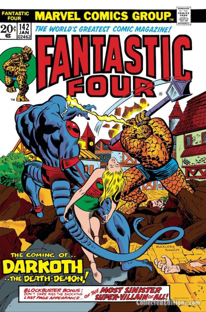 Fantastic Four #142 cover; pencils, Rich Buckler; inks, Joe Sinnott; The Coming of Darkoth the Death-Demon, Thing