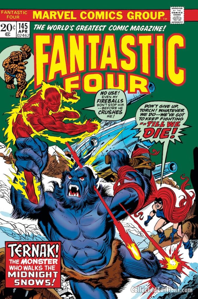 Fantastic Four #145 cover; pencils, Gil Kane; inks, Frank Giacoia; Ternak the Monster Who Walks the Midnight Shadows, Medusa, Human Torch
