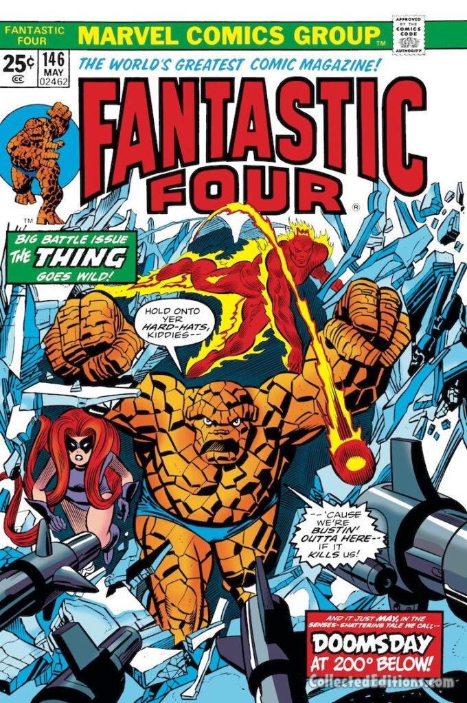 Fantastic Four #146 cover; pencils, Gil Kane; inks, Joe Sinnott; The Thing Goes Wild, Medusa, Doomsday at 200 Below