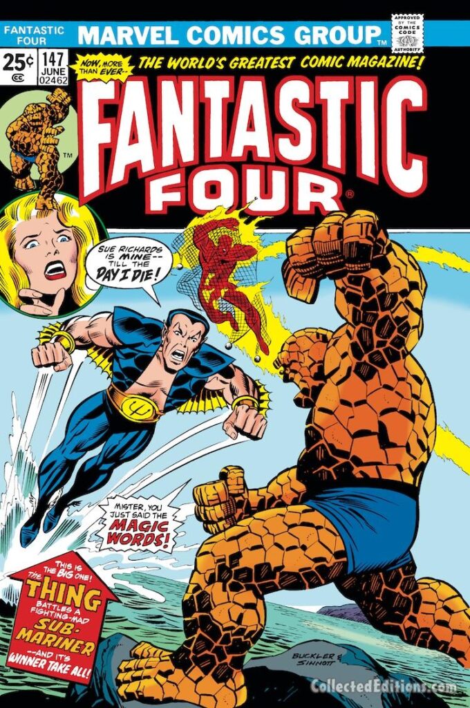 Fantastic Four #147 cover; pencils, Rich Buckler; inks, Joe Sinnott; Thing, Prince Namor, the Sub-Mariner, Human Torch