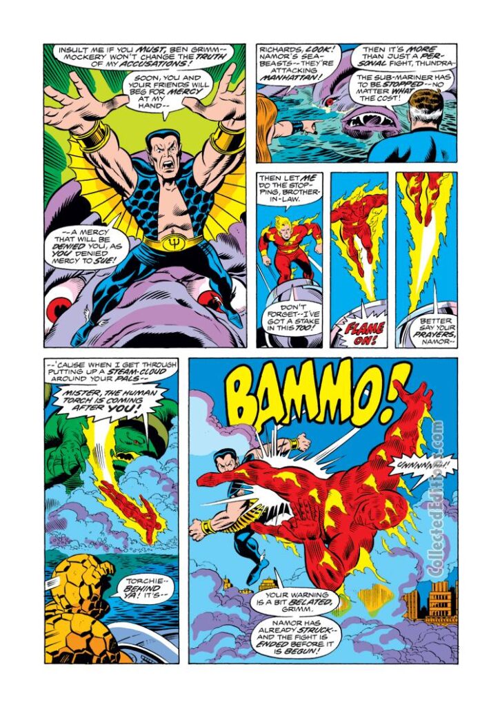 Fantastic Four #149, pg. 5; pencils, Rich Buckler; inks, Joe Sinnott; Namor the Sub-Mariner versus Human Torch Johnny Storm