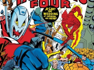 Fantastic Four #150 cover; pencils, Gil Kane; inks, Frank Giacoia; The Wedding of Crystal and Pietro Maximoff, Quicksilver, Human Torch, Ultron