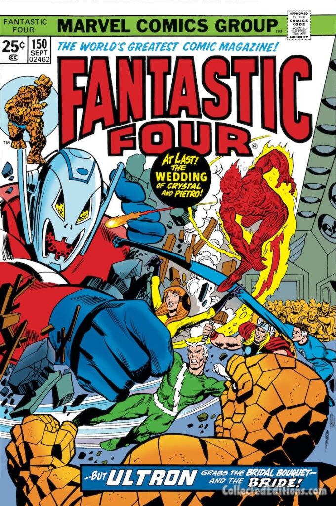Fantastic Four #150 cover; pencils, Gil Kane; inks, Frank Giacoia; The Wedding of Crystal and Pietro Maximoff, Quicksilver, Human Torch, Ultron